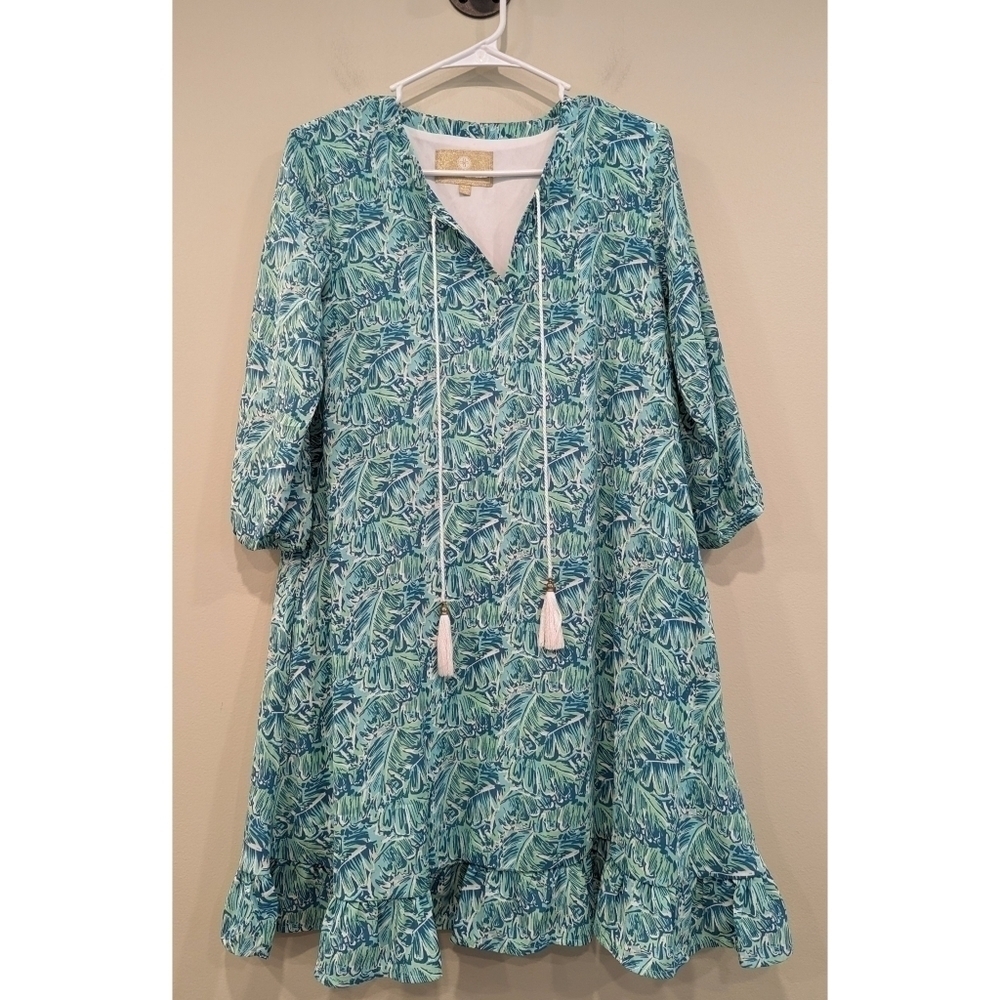 Lauren James Blue Green Palm Print Dress Size Small